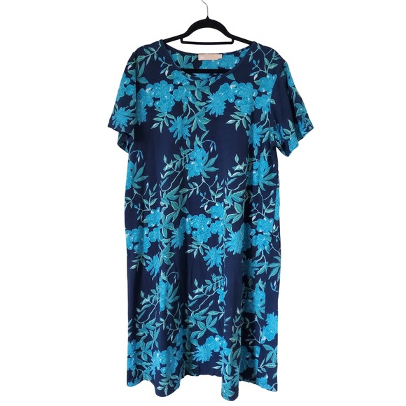 la cera Dresses & Skirts - LA CERA Womens XL‎ Blue Tropical Floral Short Sleeve Midi Cotton Dress Pockets